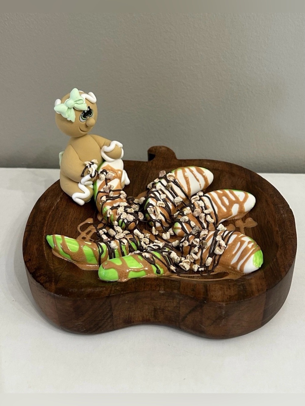 Whimsical Fake Gingerbread Caramel Apple Display Wooden Apple Bowl Handmade